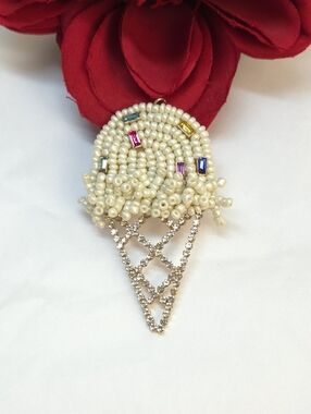 Vintage Seed Bead & Crystal Ice Cream Cone Pendant or Charm Jewelry Making Gift